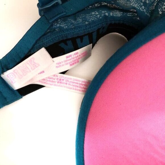 Victoria Secret Pink Date Push-up Strappy Padded Blue Floral Lace Bra 36DD - Picture 4 of 7